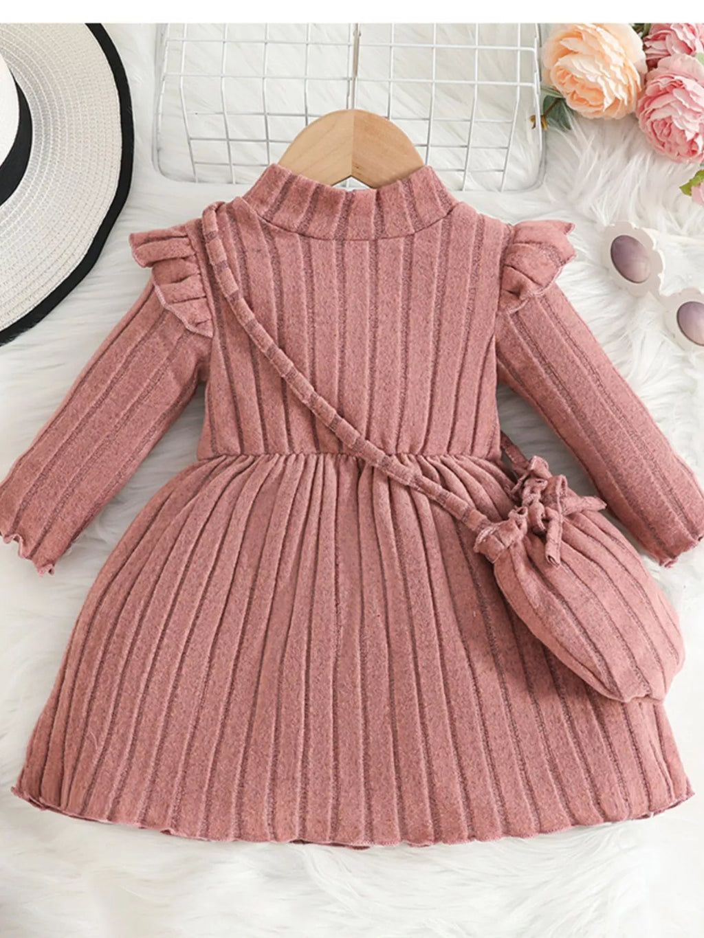 Children's Ribbed Knit Ruffle Trim Dress with Bag by Trendsi