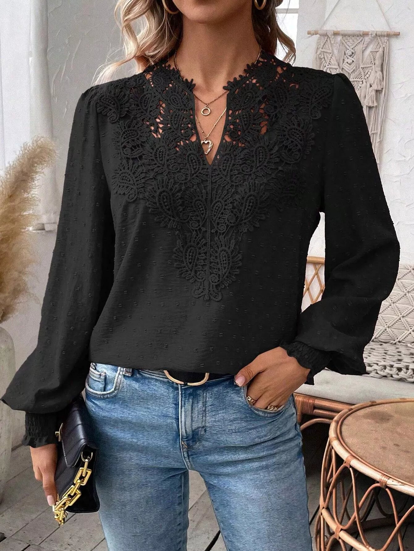 Swiss Dot Lace Detail Long Sleeve Blouse by Trendsi