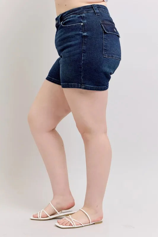 Judy Blue Full Size High Waist Back Flap Pocket Denim Shorts Plus Size by Trendsi