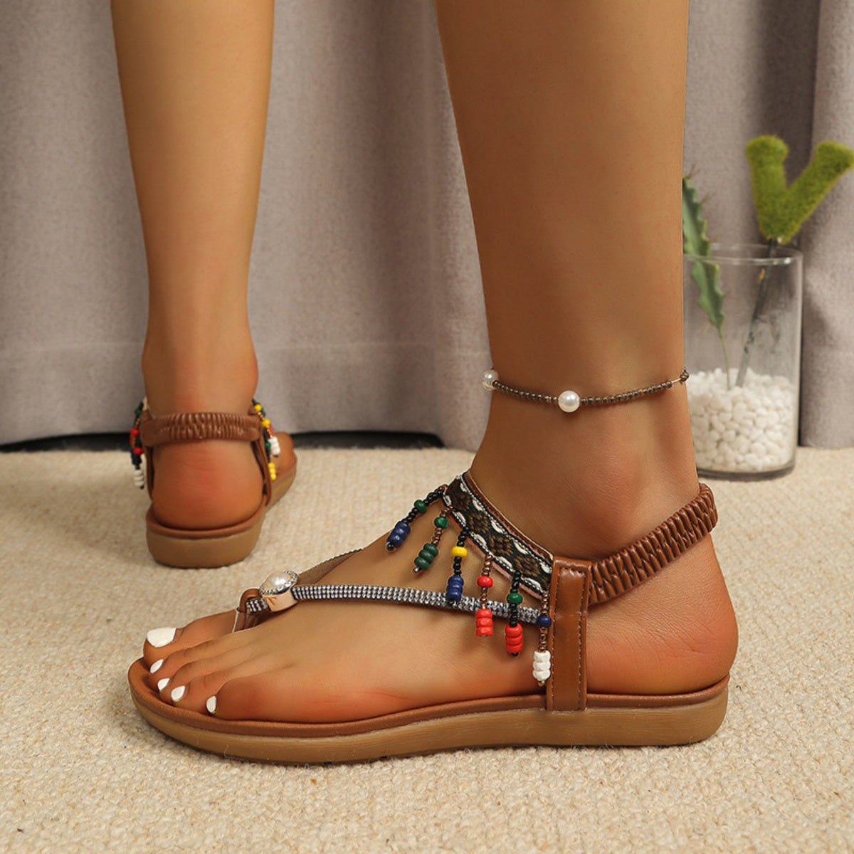 Beaded Ankle Strap Thong Sandals by Trendsi