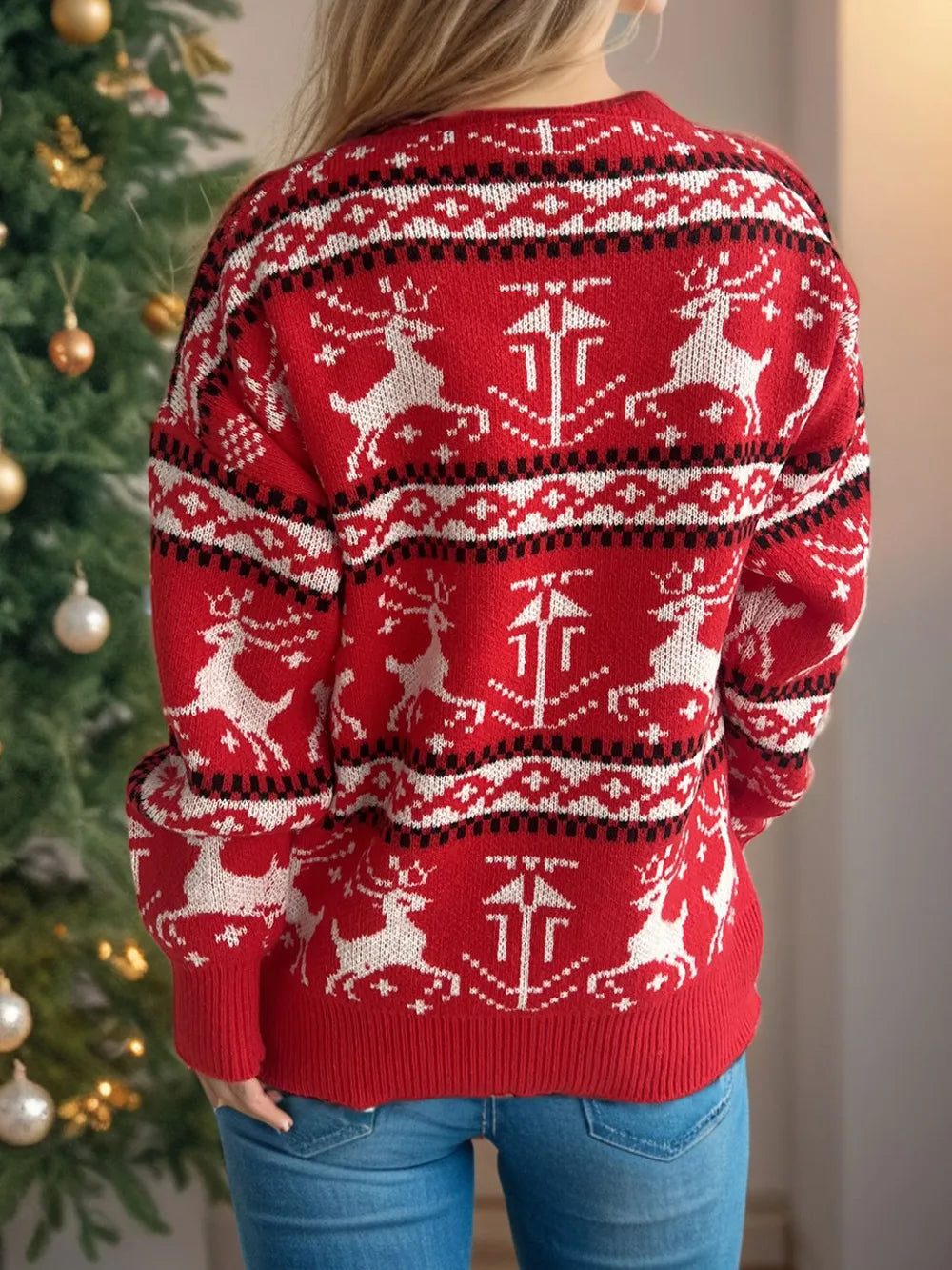 Christmas Element Round Neck Long Sleeve Sweater by Trendsi