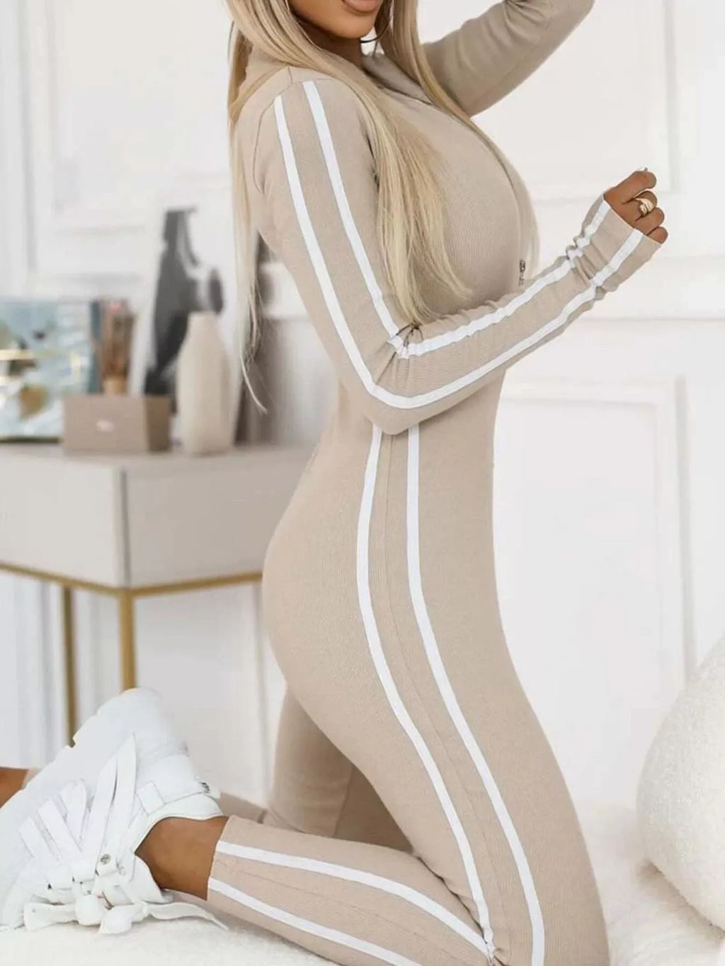 Full Size Stripe Zip-Front Long Sleeve Jumpsuit Plus Size by Trendsi