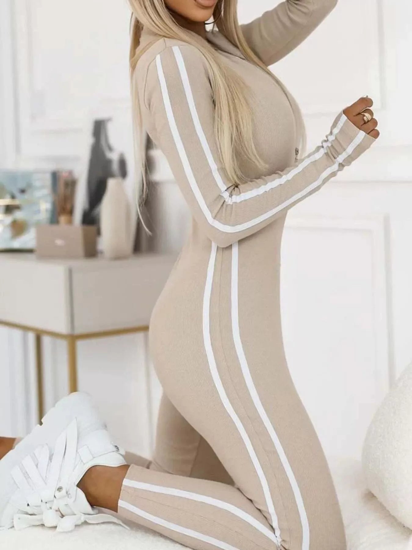 Full Size Stripe Zip-Front Long Sleeve Jumpsuit Plus Size by Trendsi
