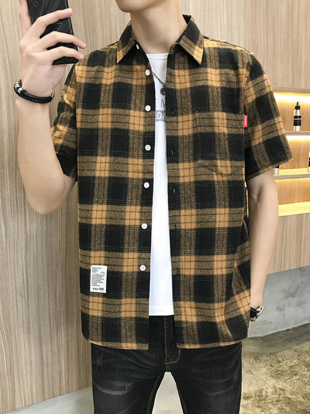 Men's Plus Size Plaid Button-Down Short Sleeve Shirt by Trendsi