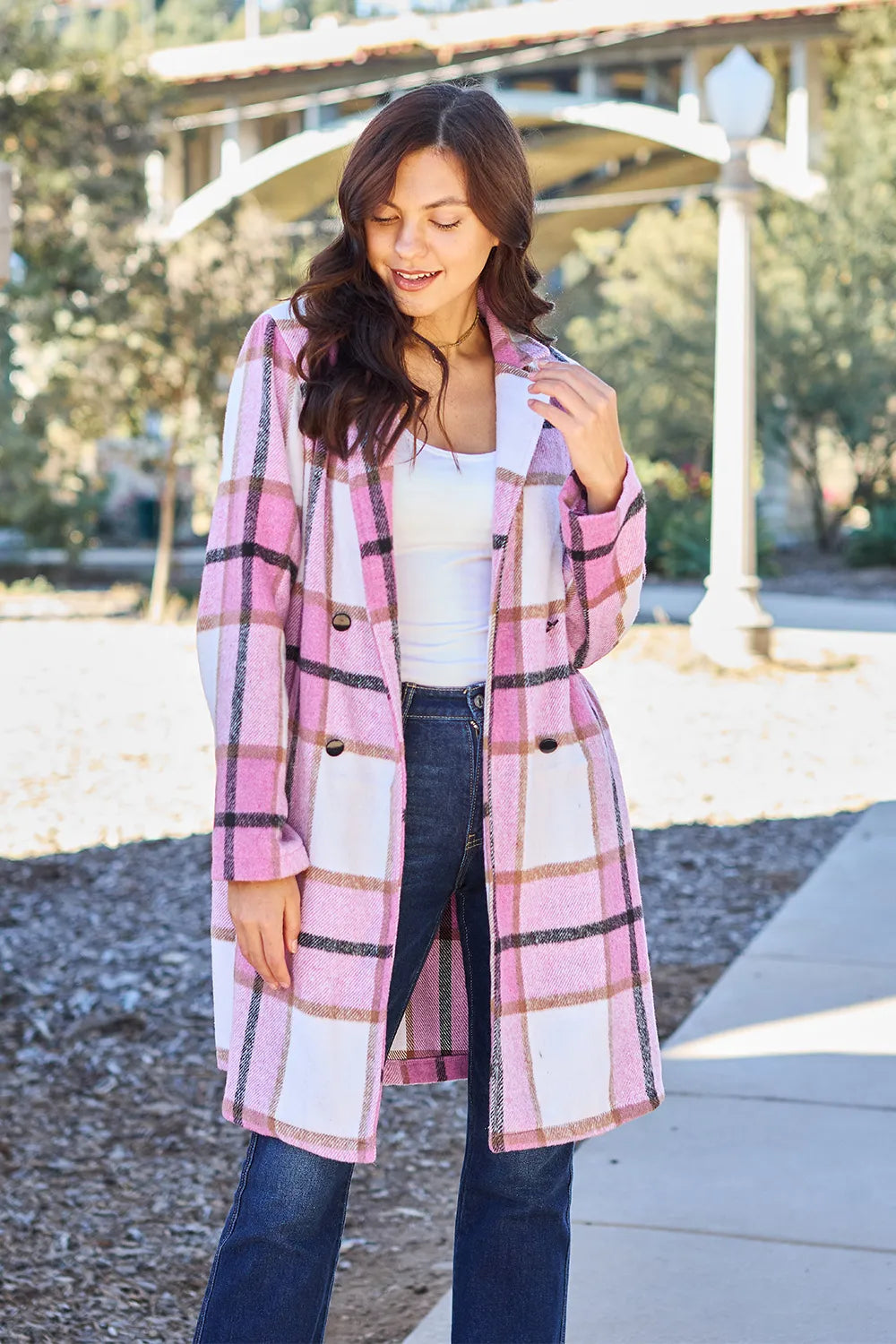 Double Take Full Size Plaid Button Up Lapel Collar Coat by Trendsi