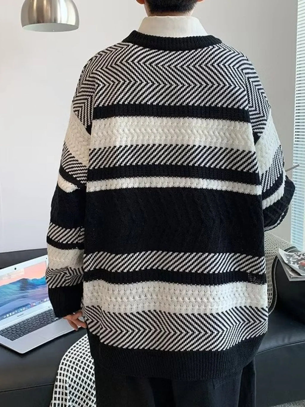 Men's Striped Textured Knit Pullover Sweater by Trendsi
