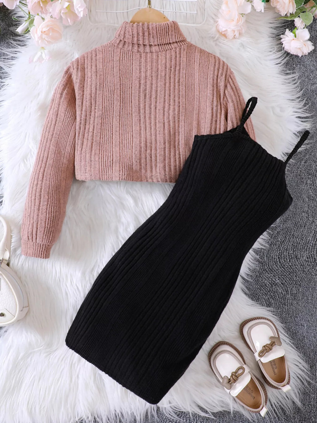 Children's Ribbed Knit Two-Tone Dress Set by Trendsi