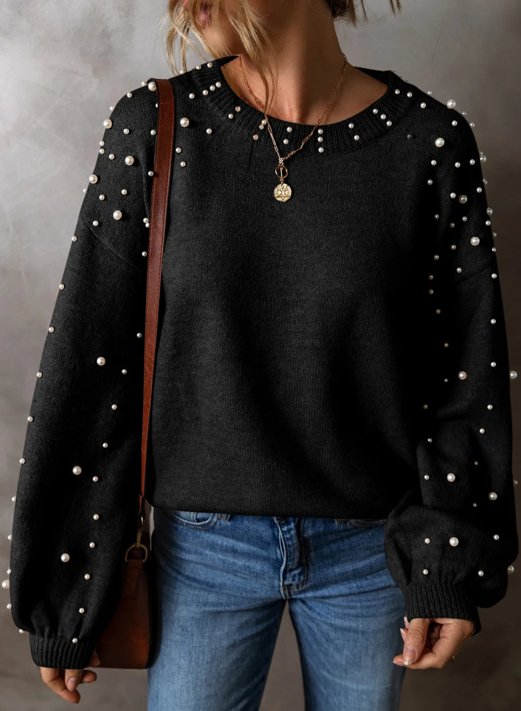 Pearl Detail Round Neck Long Sleeve Sweater by Trendsi