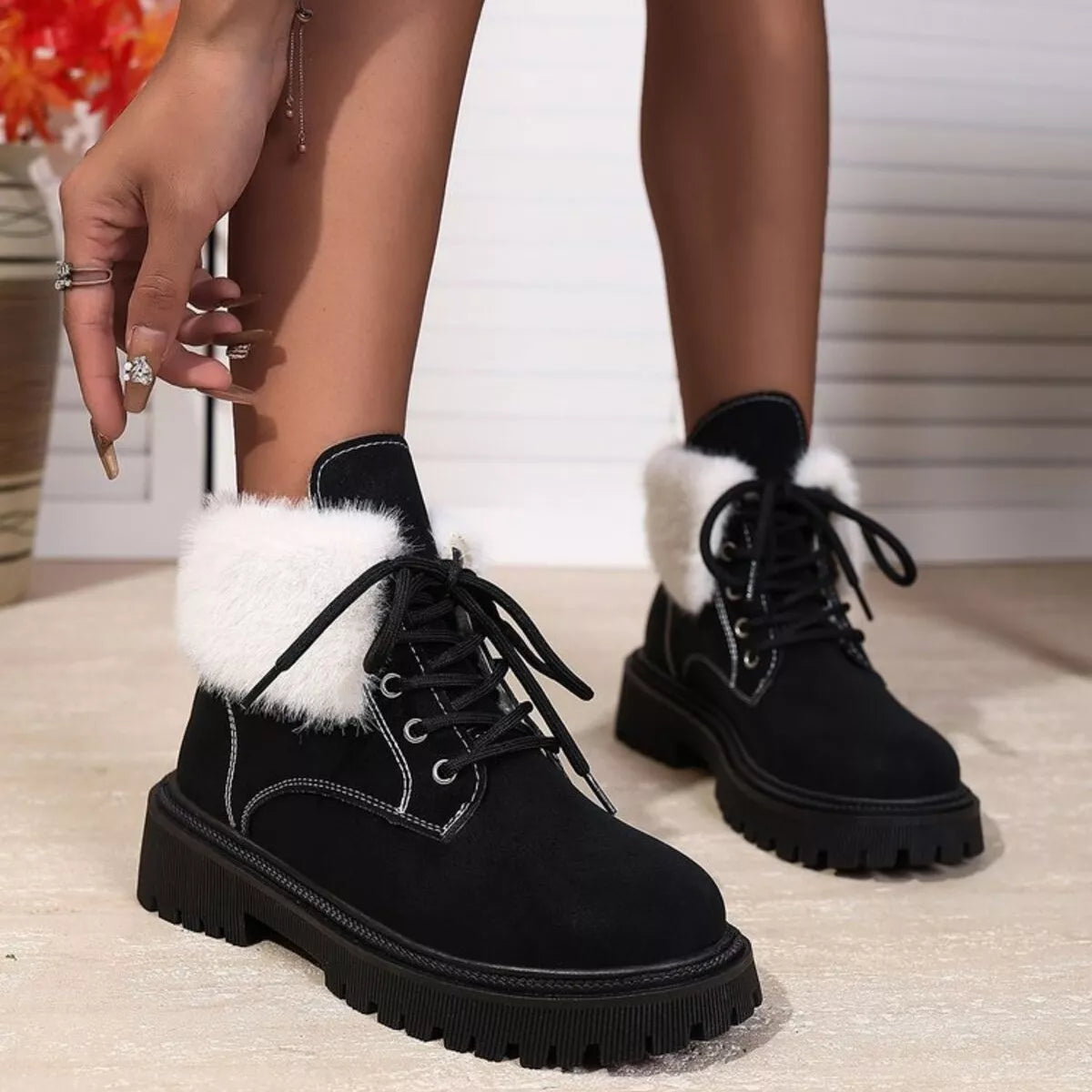 Lace Up Round Toe Block Heels Boots by Trendsi