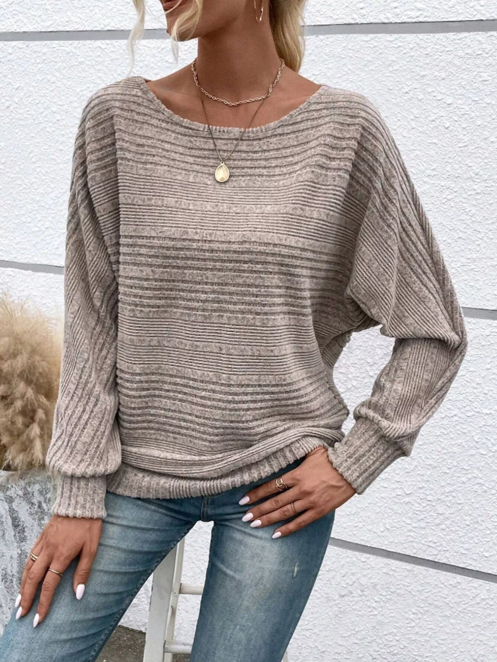Ribbed Round Neck Long Sleeve Top by Trendsi
