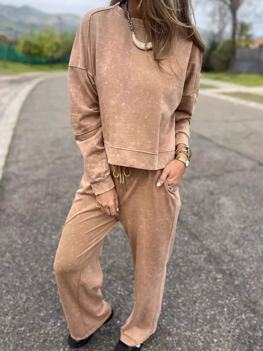 Full Size Washed Round Neck Top and Drawstring Pants Set Plus Size by Trendsi