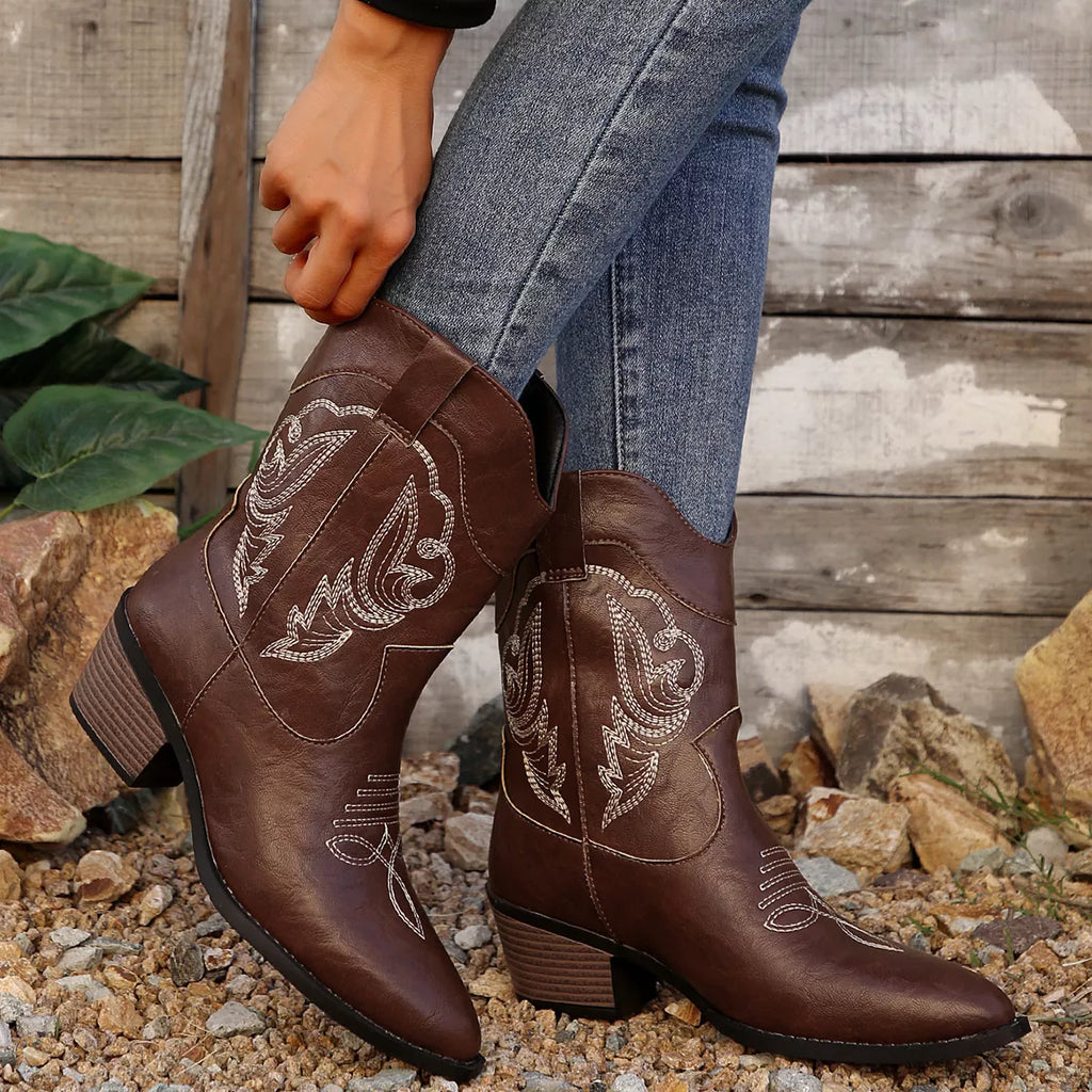 Western Cowboy Boots with Embroidered Design by Trendsi
