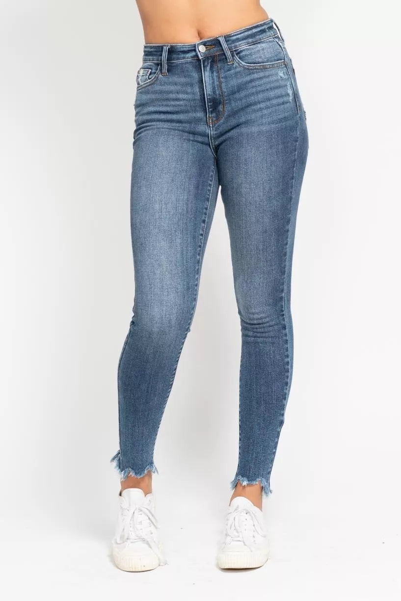 Judy Blue High Waist Skinny Jeans with Destroy & Shark Bit Hem by Trendsi