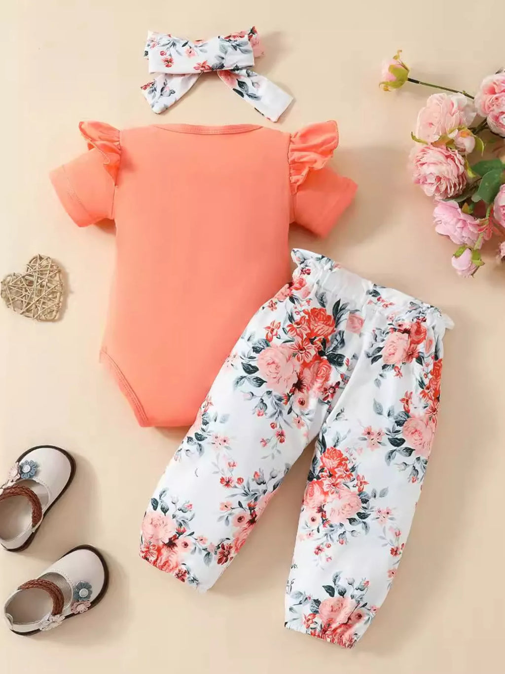Children's Ruffled Short Sleeve Bodysuit and Pants Set with Headband by Trendsi