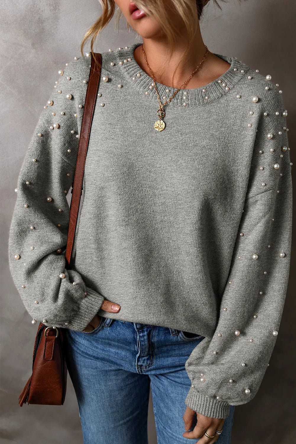 Pearl Detail Round Neck Long Sleeve Sweater by Trendsi
