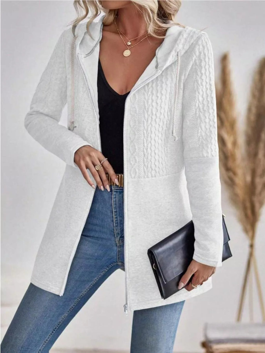 Drawstring Textured Zip Up Drawstring Hooded Jacket by Trendsi