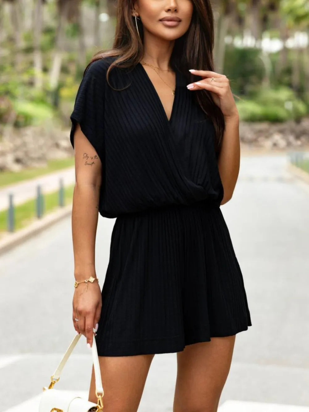 Surplice Short Sleeve Romper by Trendsi