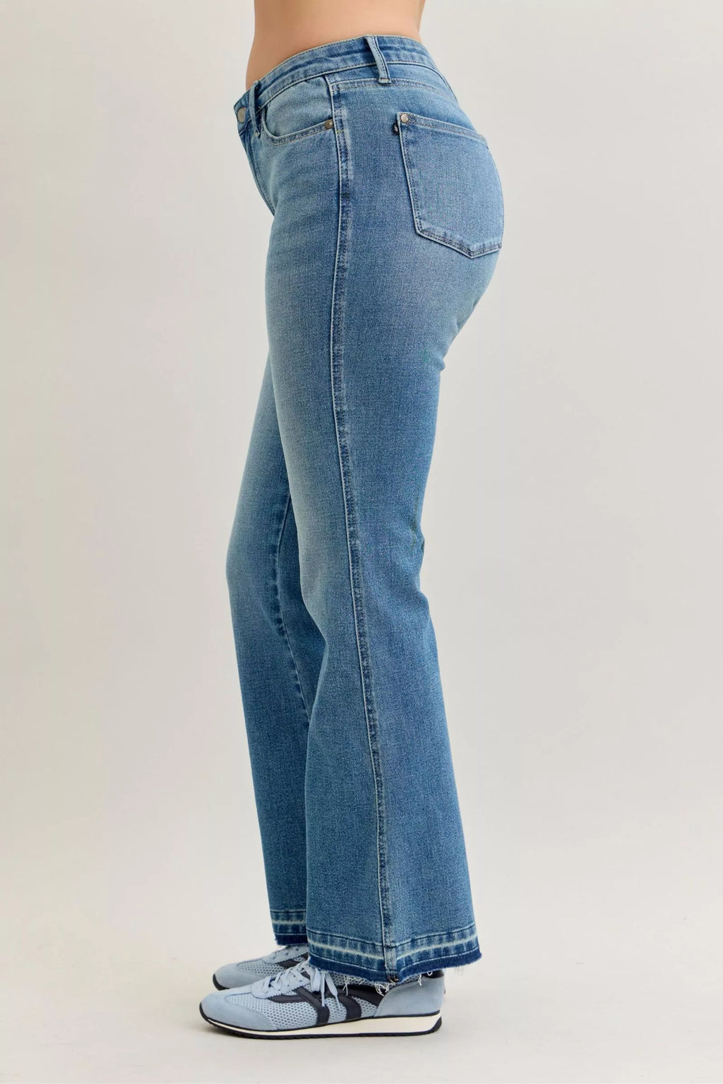 Judy Blue Full Size Mid Rise Slim Bootcut Tummy Control Release Hem Jeans Plus Size by Trendsi