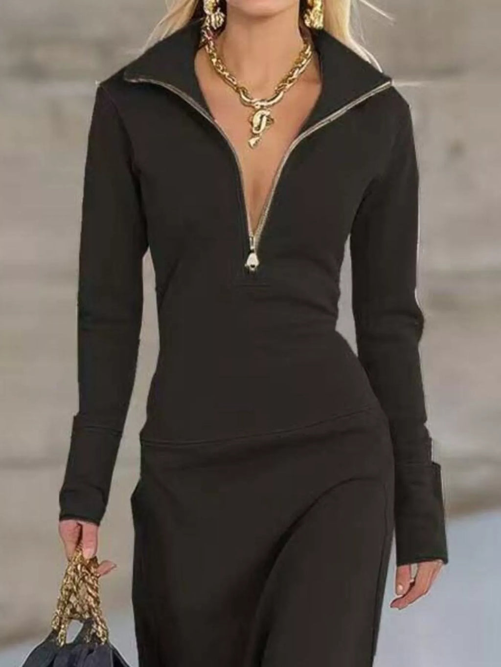 Zip Collar Long Sleeve Maxi Dress by Trendsi