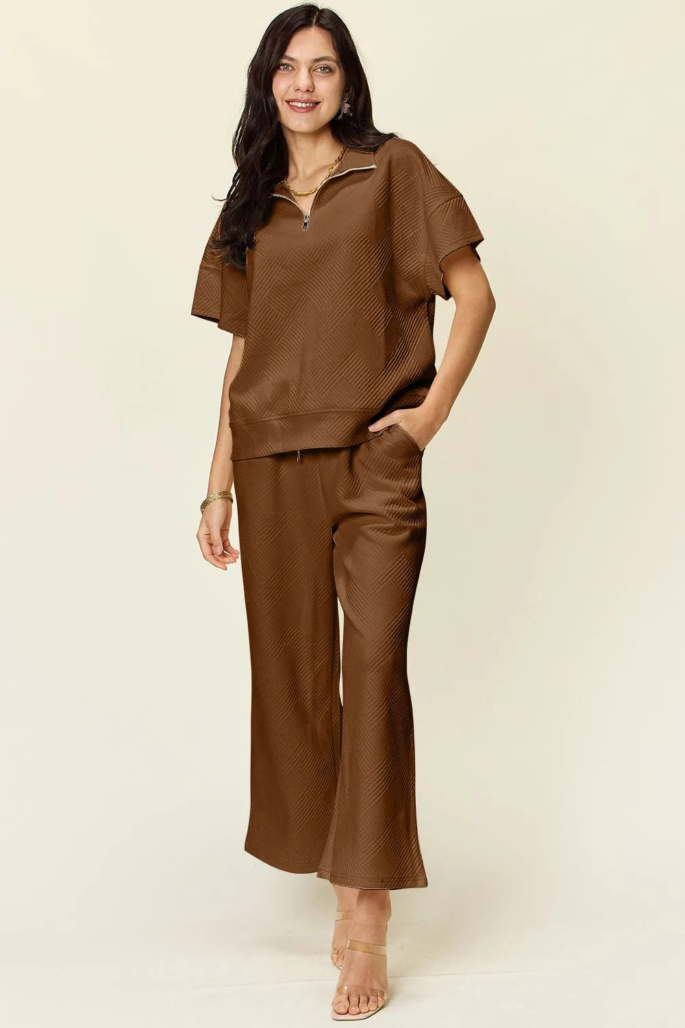 Double Take Full Size Texture Half Zip Short Sleeve Top and Pants Set by Trendsi