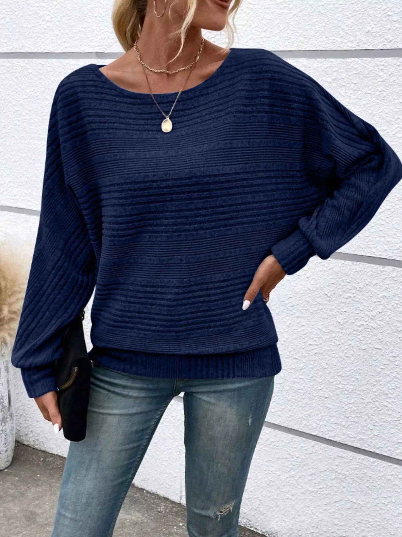 Ribbed Round Neck Long Sleeve Top by Trendsi