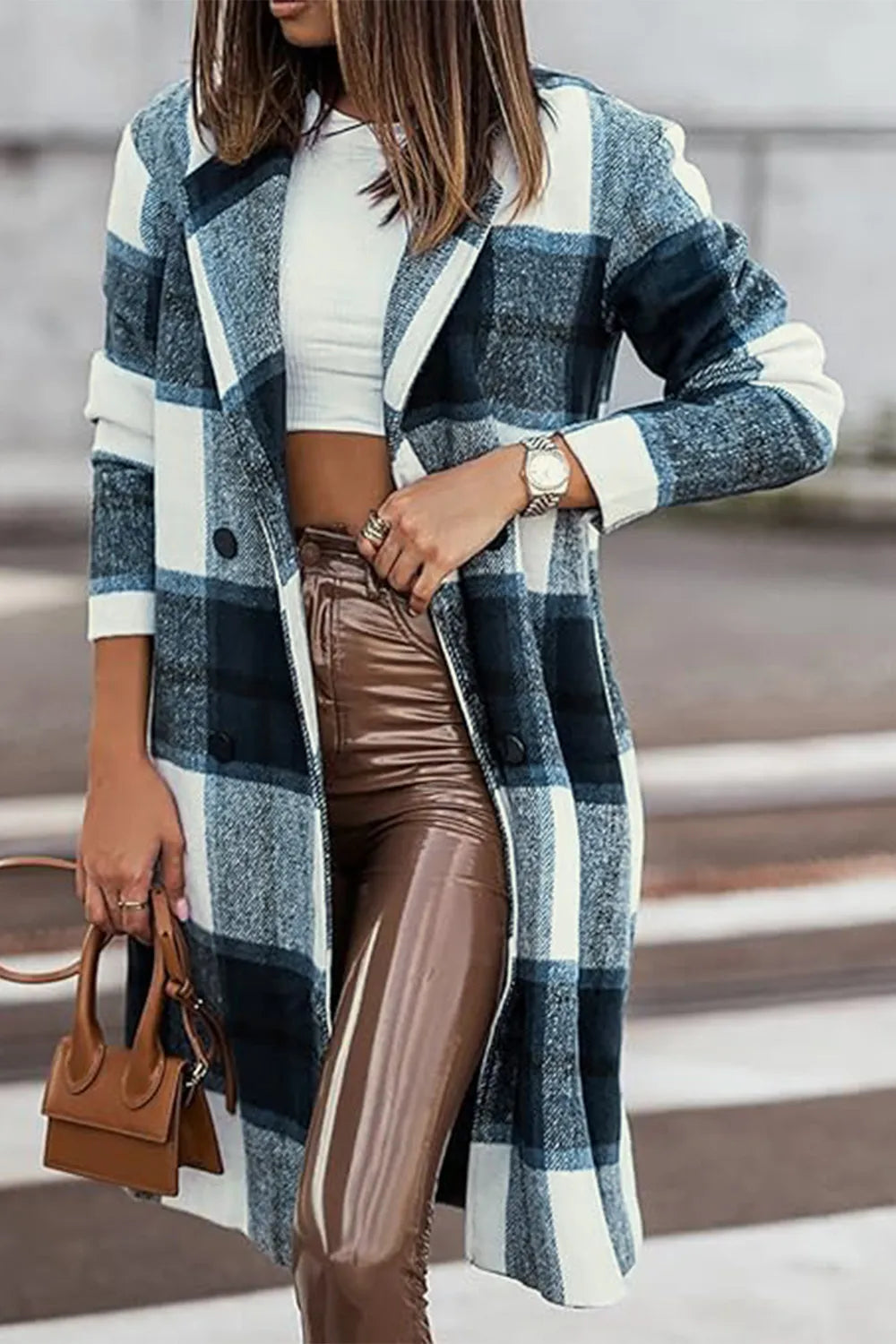 Double Take Full Size Plaid Button Up Lapel Collar Coat by Trendsi
