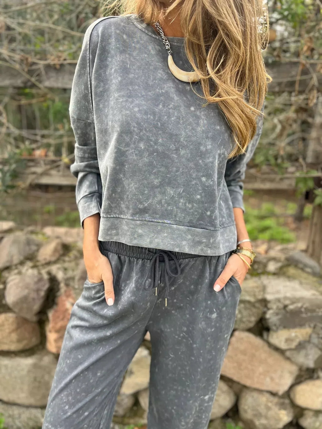 Full Size Washed Round Neck Top and Drawstring Pants Set Plus Size by Trendsi