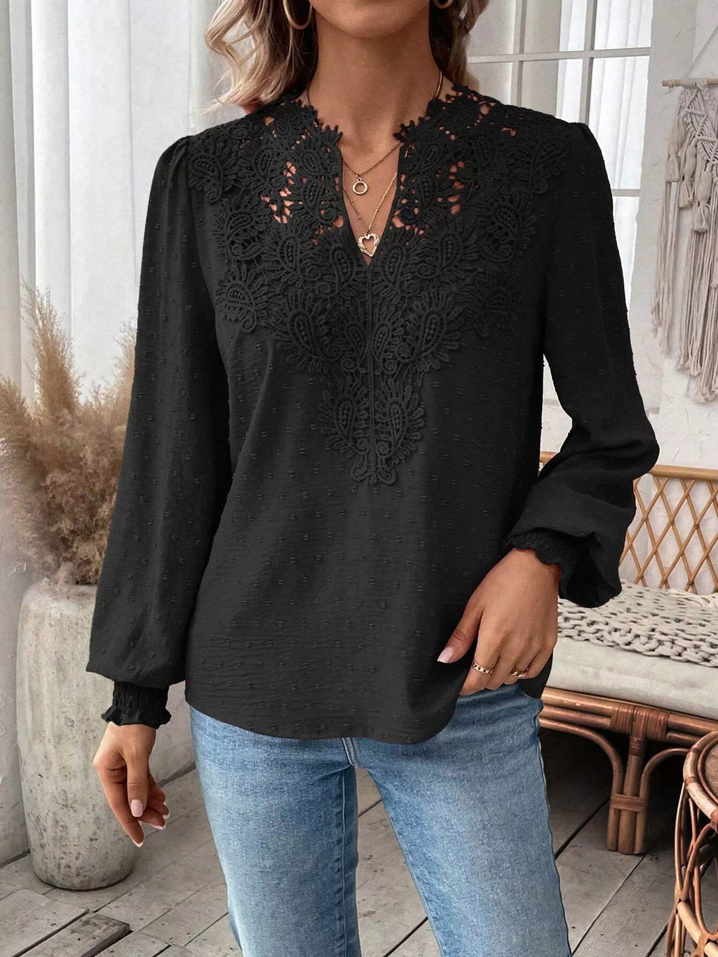 Swiss Dot Lace Detail Long Sleeve Blouse by Trendsi