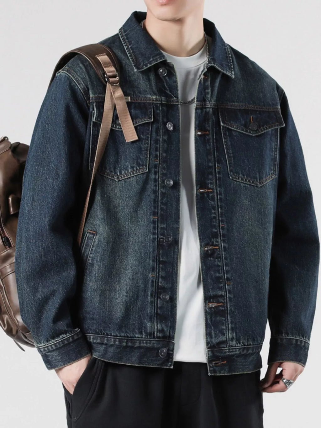 Men's Plus Size Button Up Wash Denim Jacket by Trendsi