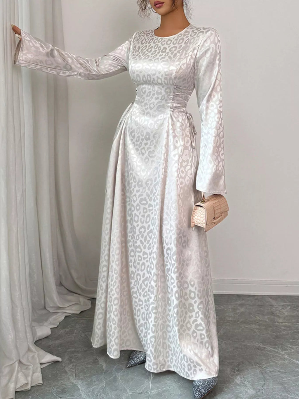Leopard Lace Up Long Sleeve Maxi Dress by Trendsi