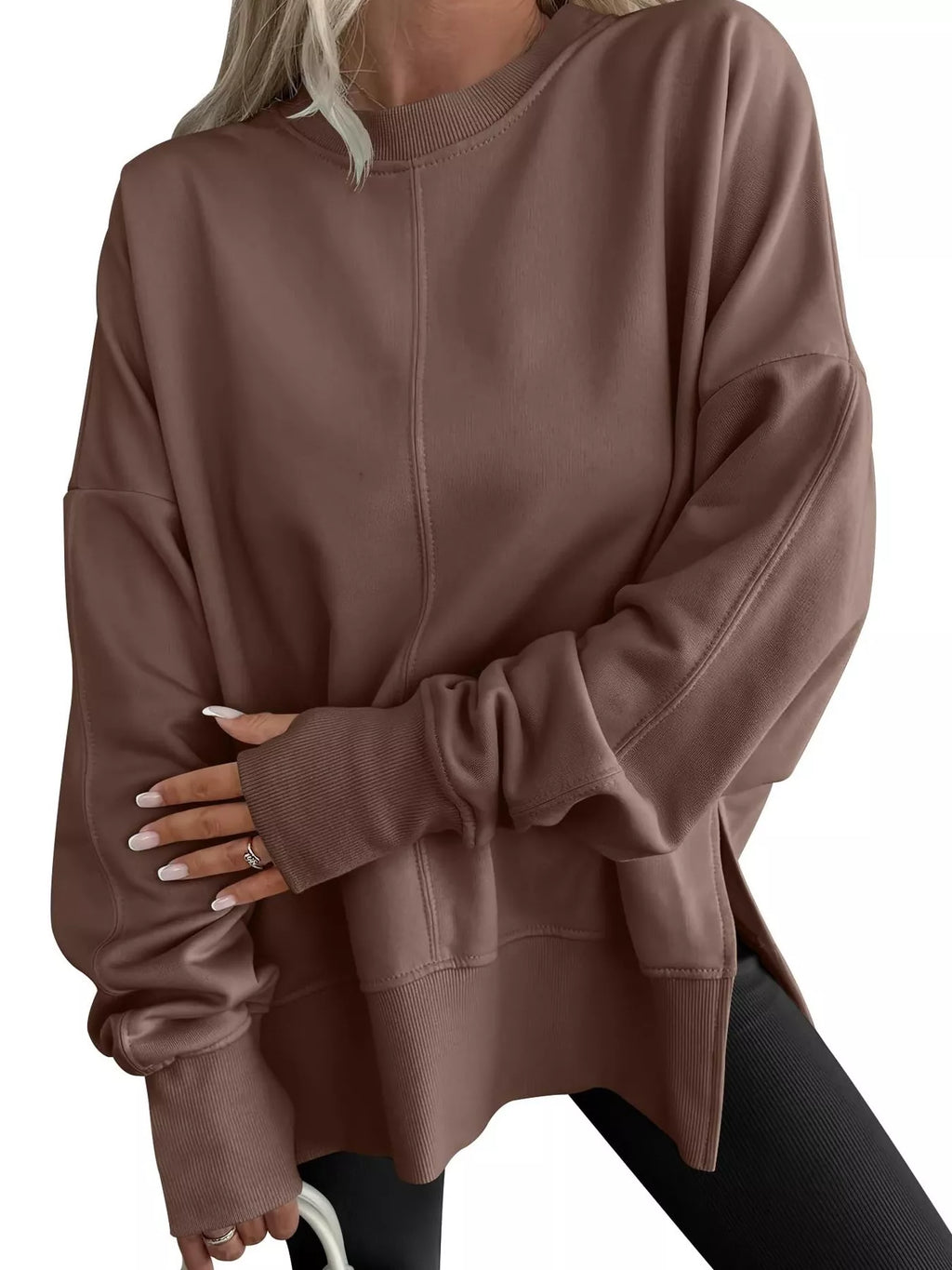 Side Slit Round Neck Long Sleeve Sweatshirt by Trendsi