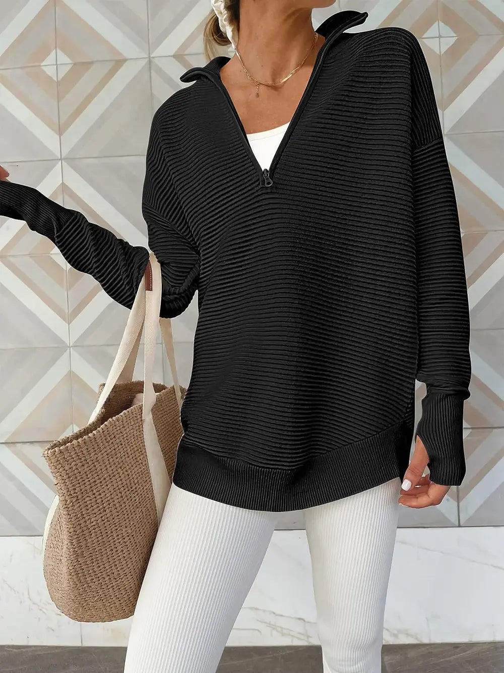 Half Zip Long Sleeve Knit Top by Trendsi