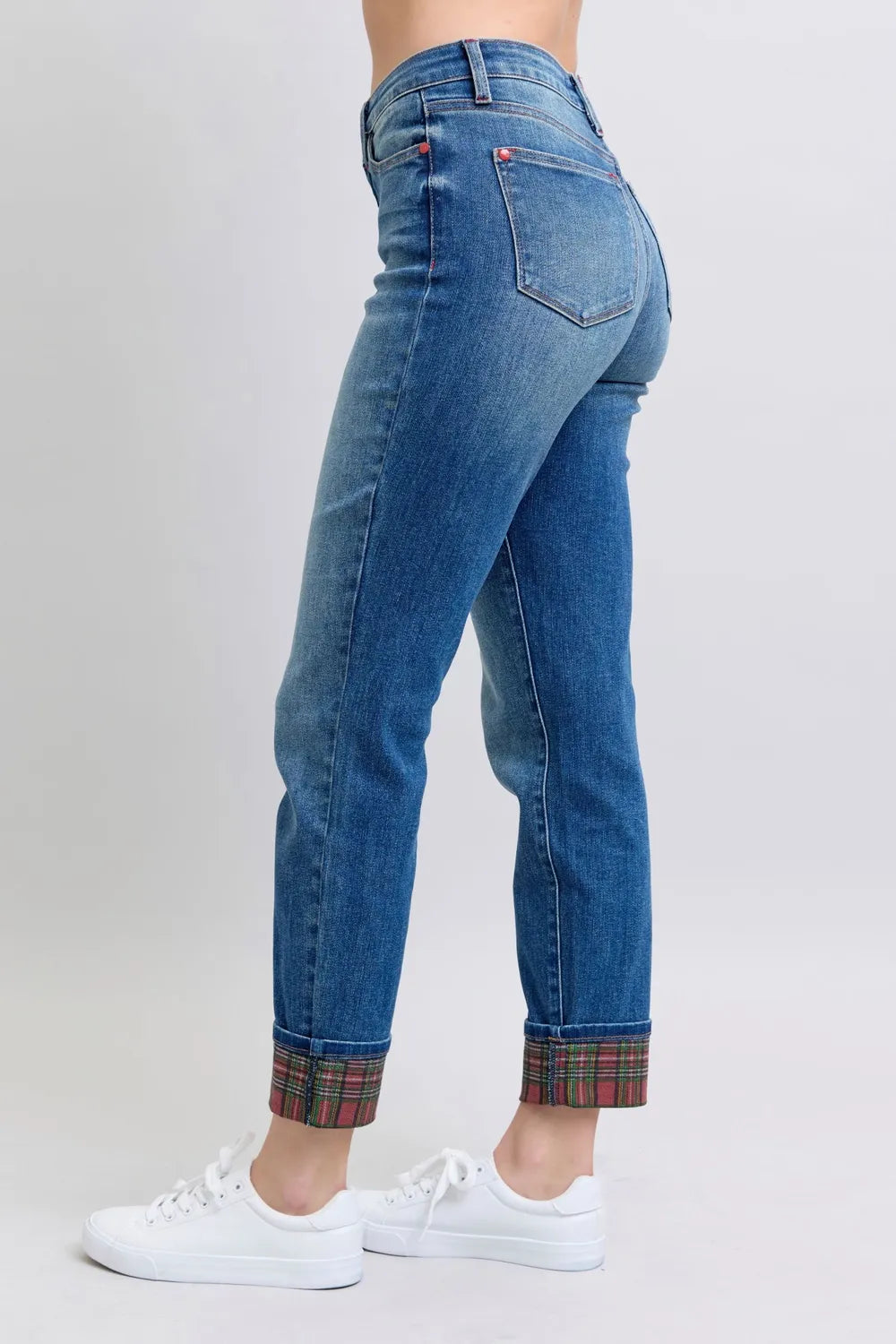 Judy Blue Full Size Plaid Print Cuff Straight Leg Jeans with Pockets by Trendsi
