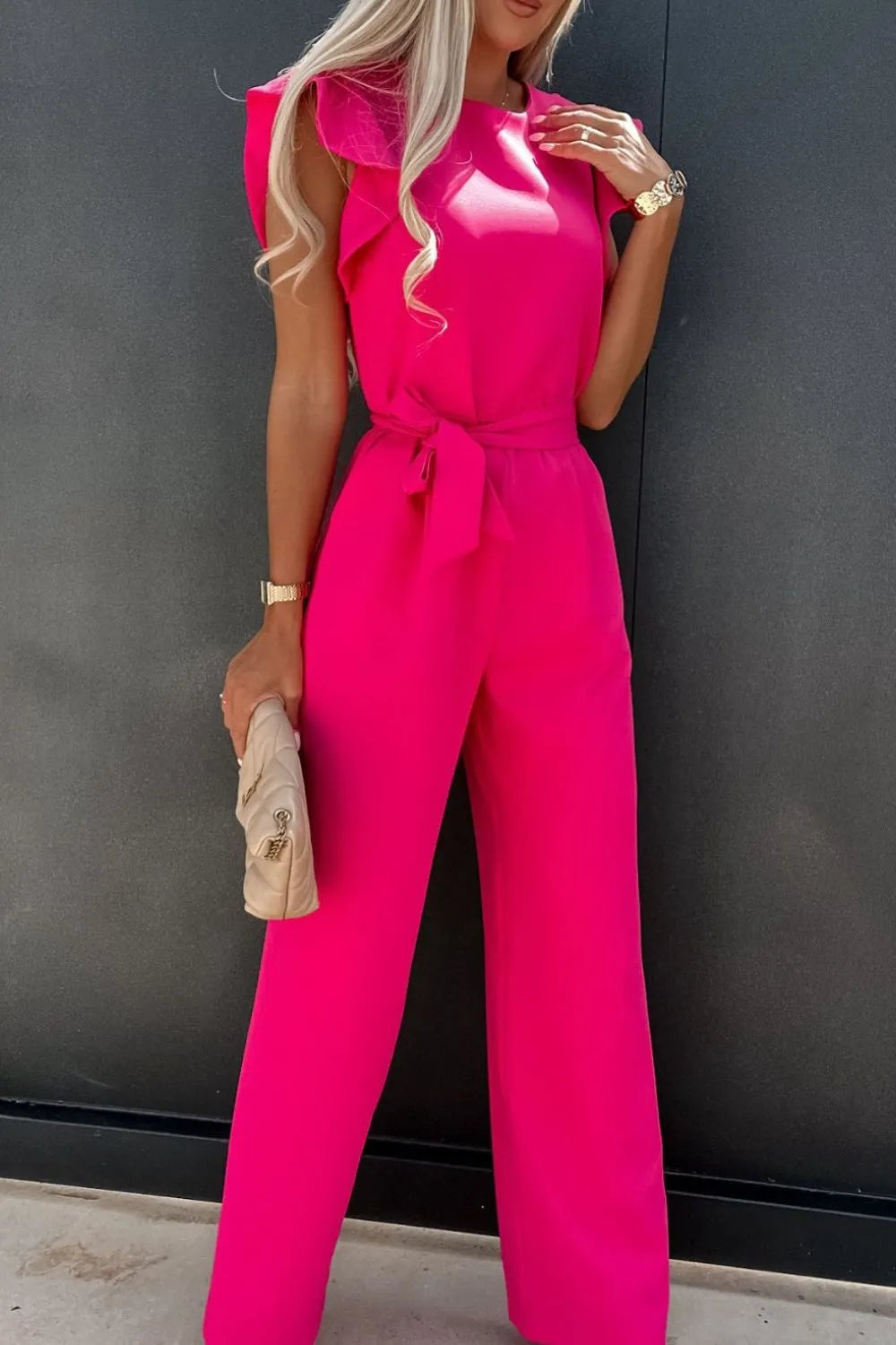 Round Neck Cap Sleeve Jumpsuit by Trendsi