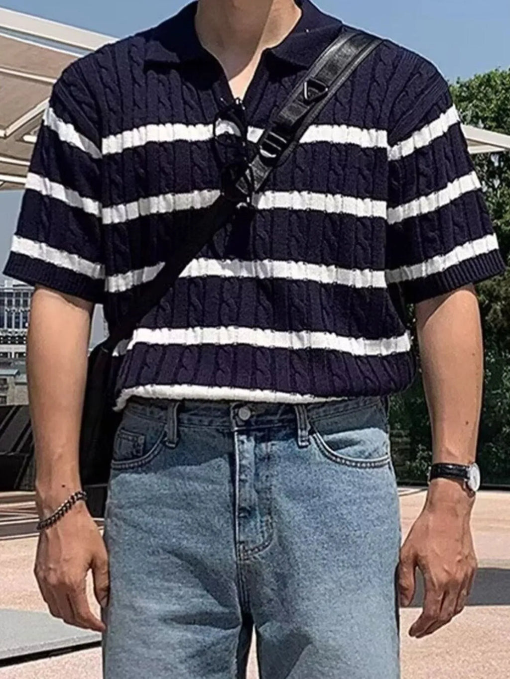 Men's Full Size Striped Short Sleeve Polo Plus Size by Trendsi