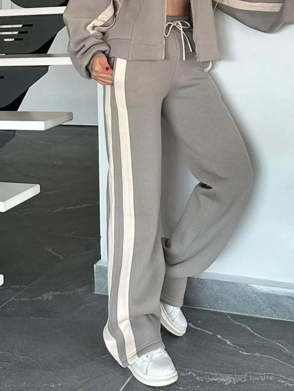 Full Size Contrast Stripe Zip Up Jacket and Pants Set Plus Size by Trendsi