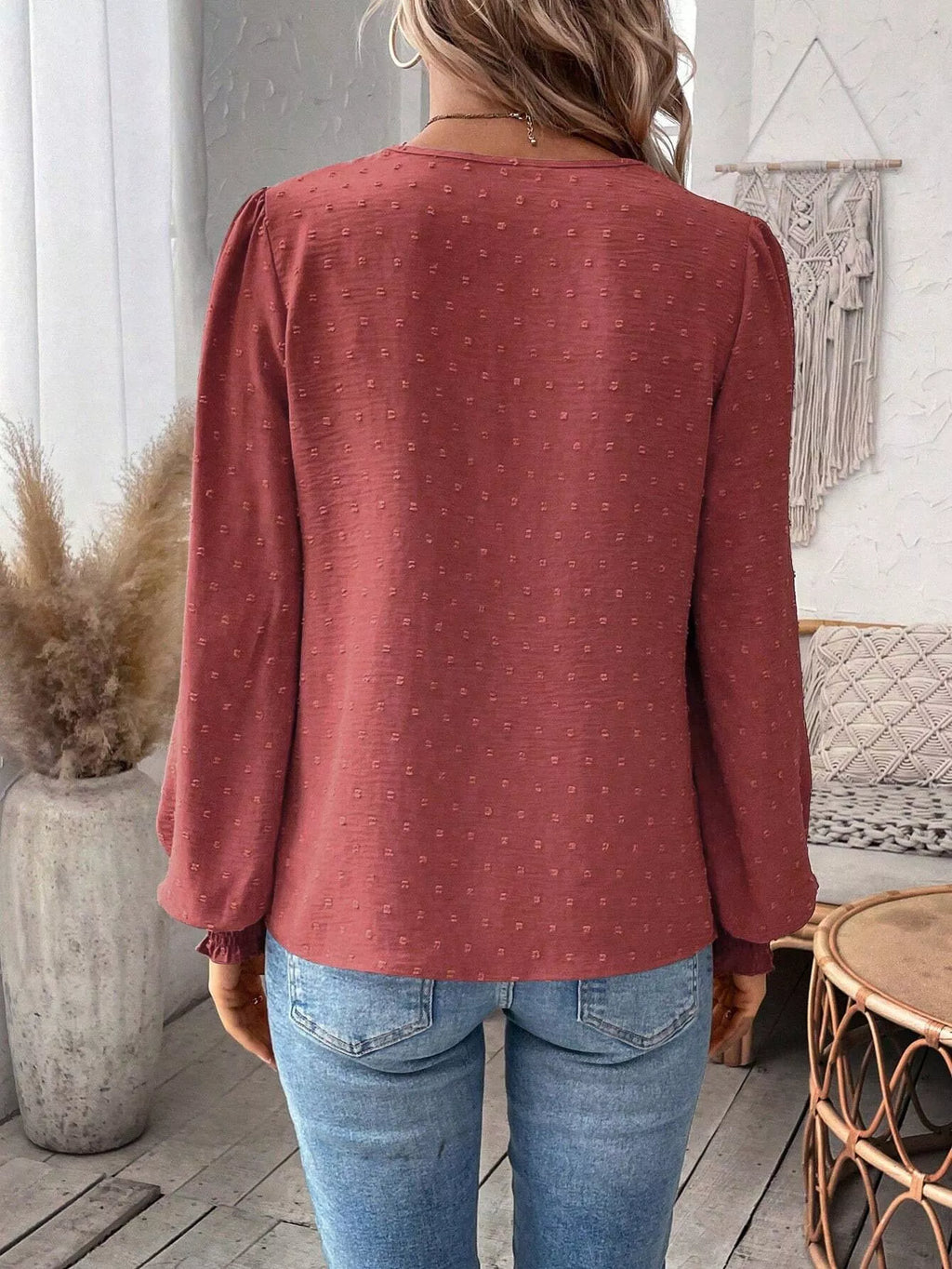 Swiss Dot Lace Detail Long Sleeve Blouse by Trendsi