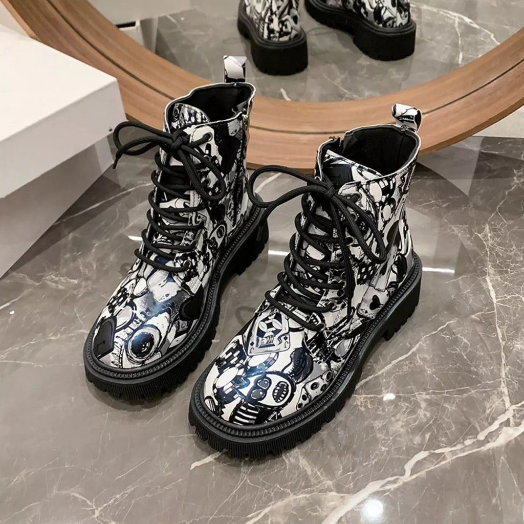 Graffiti Print Combat Boots with Colorful Street Art Design by Trendsi