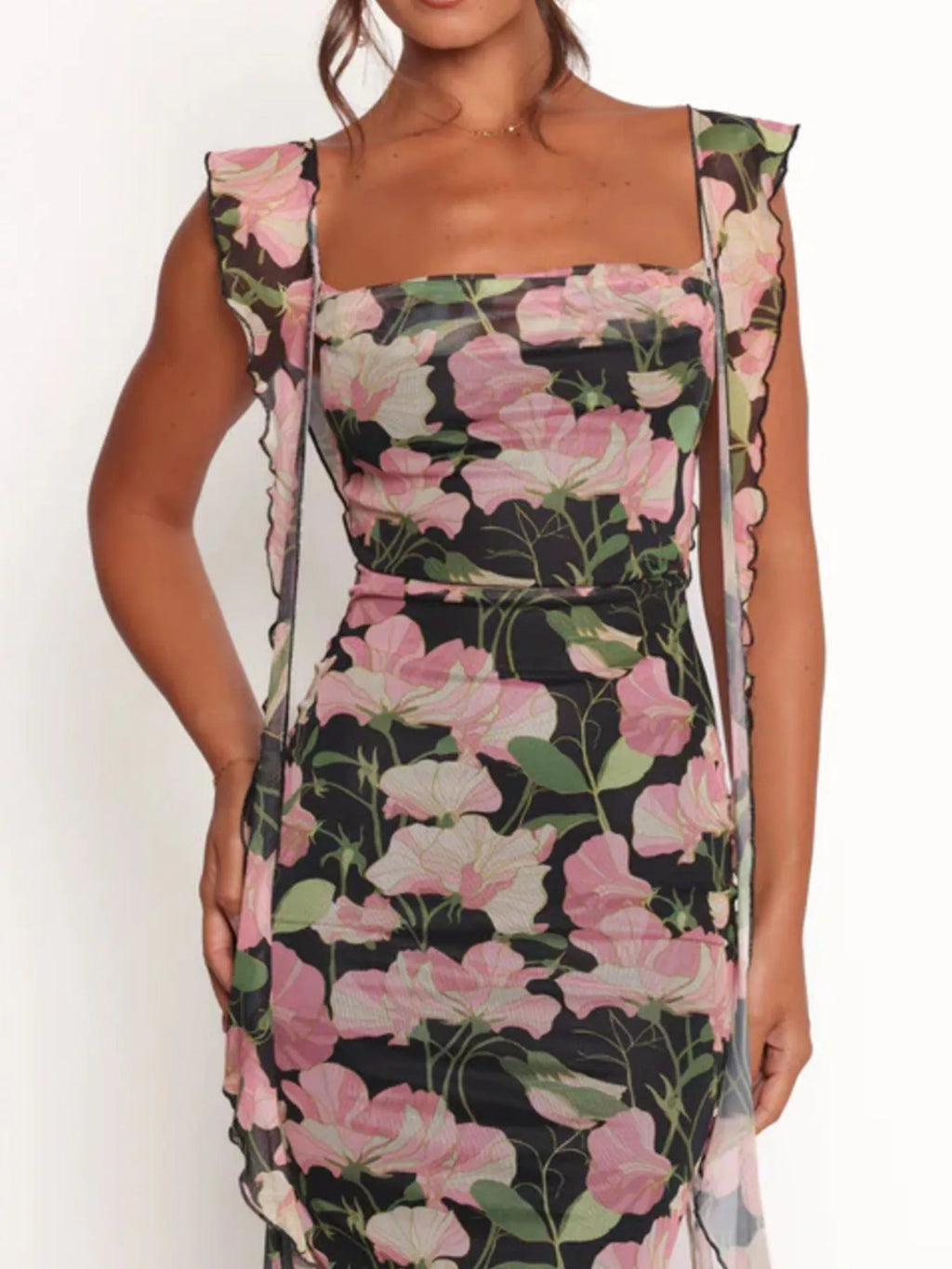 Floral Print Ruffle Trim Bodycon Maxi Dress by Trendsi