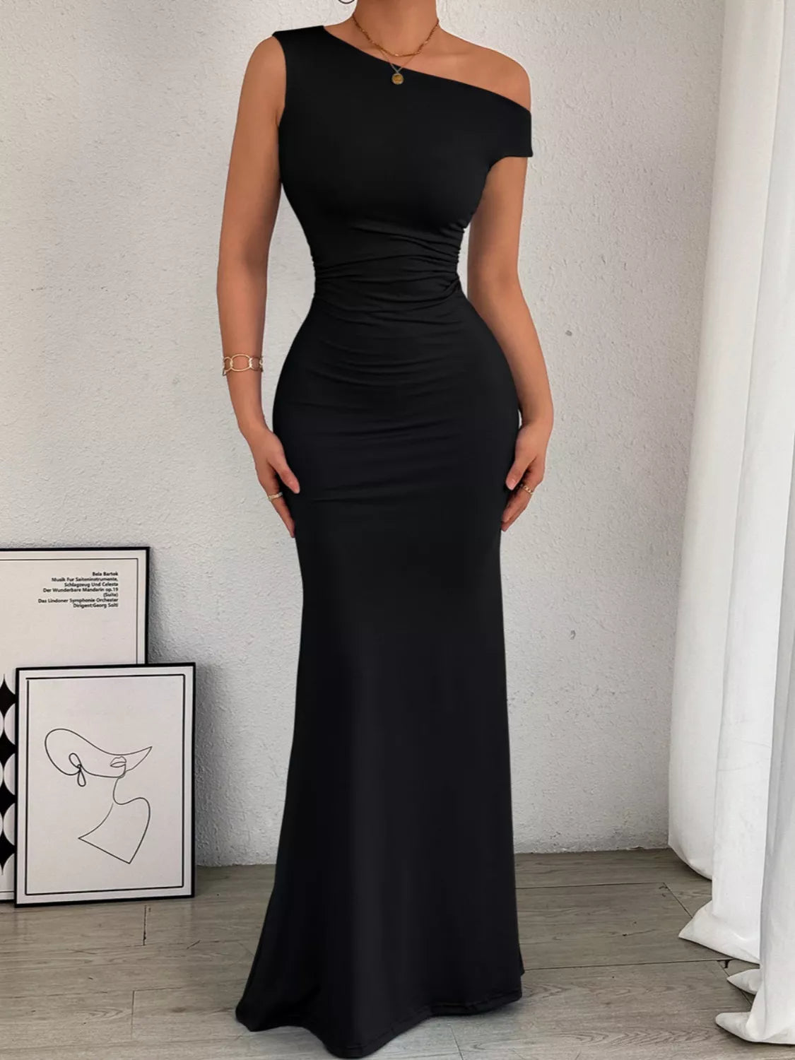 One-Shoulder Ruched Bodycon Maxi Dress by Trendsi