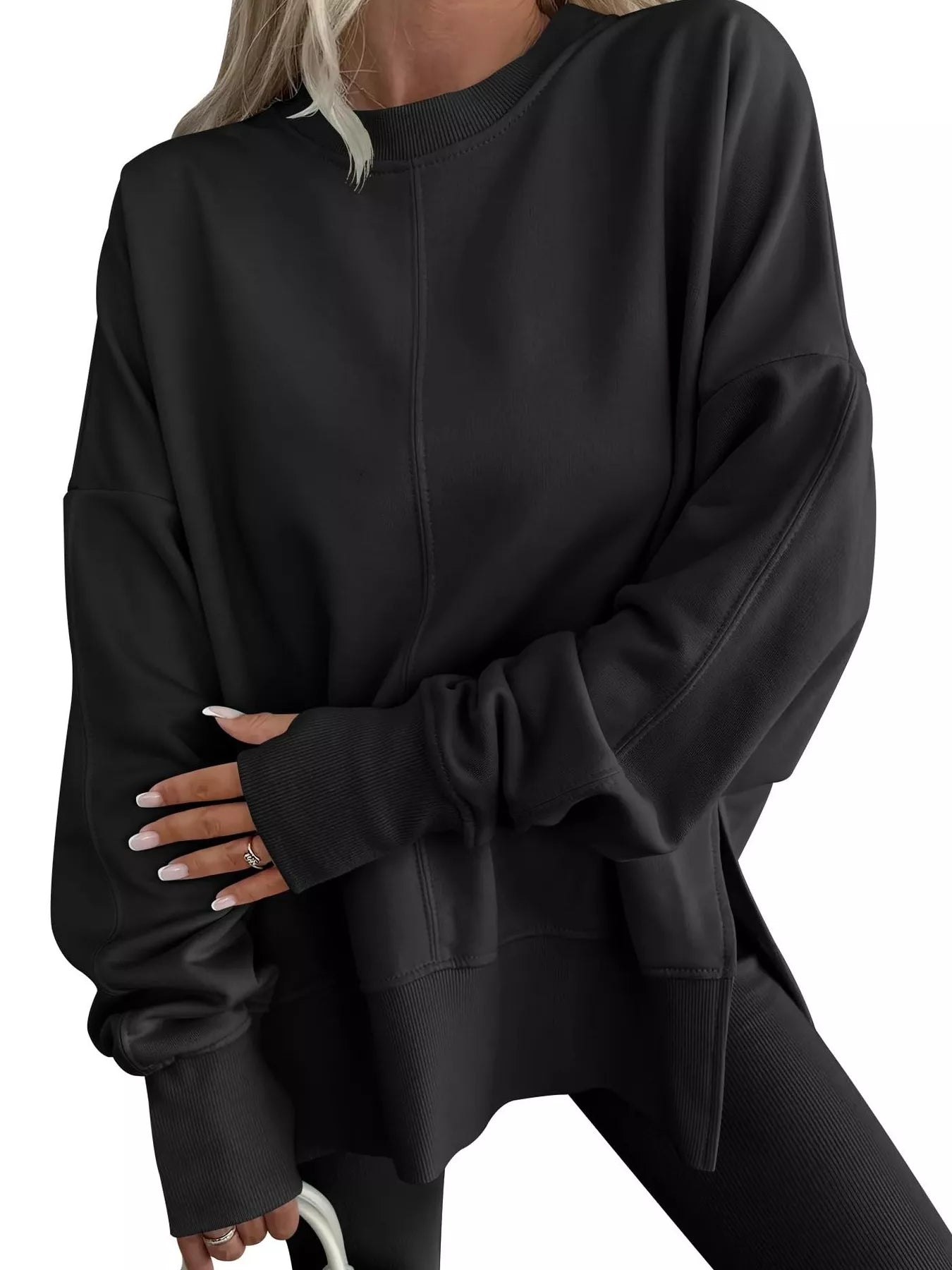 Side Slit Round Neck Long Sleeve Sweatshirt by Trendsi