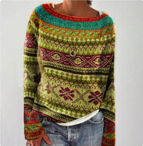 Women's Fashion Round Neck Multicolor Loose Leisure Pullover Knitwear Sweater by DC-THE CEO