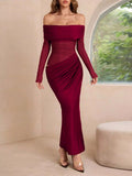 Off-Shoulder Long Sleeve Ruched Bodycon Maxi Dress by Trendsi