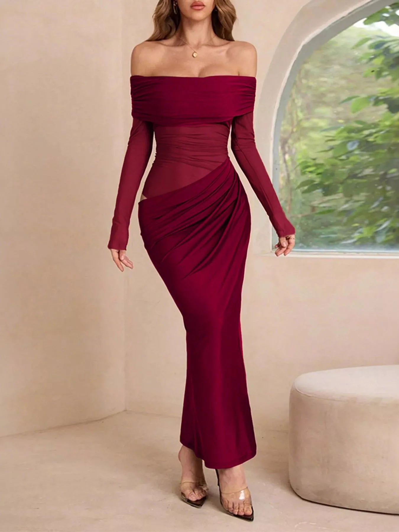 Off-Shoulder Long Sleeve Ruched Bodycon Maxi Dress by Trendsi