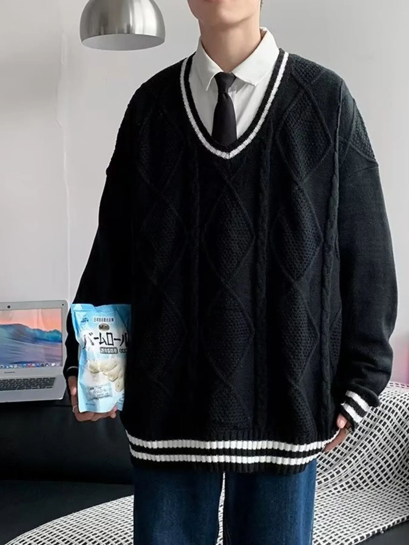 Men's Plus Size V-Neck Striped Trim Knitted Pullover by Trendsi