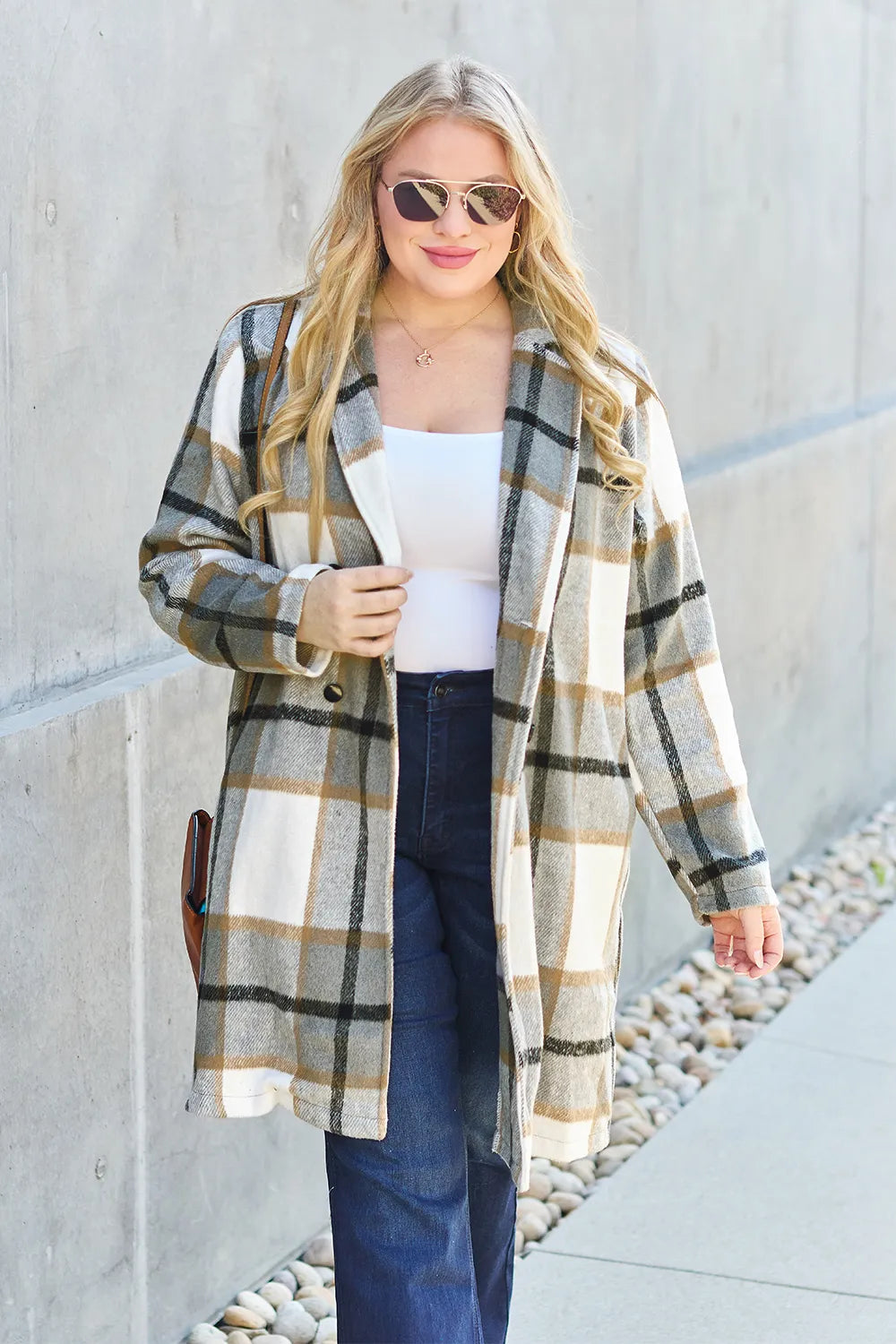 Double Take Full Size Plaid Button Up Lapel Collar Coat by Trendsi