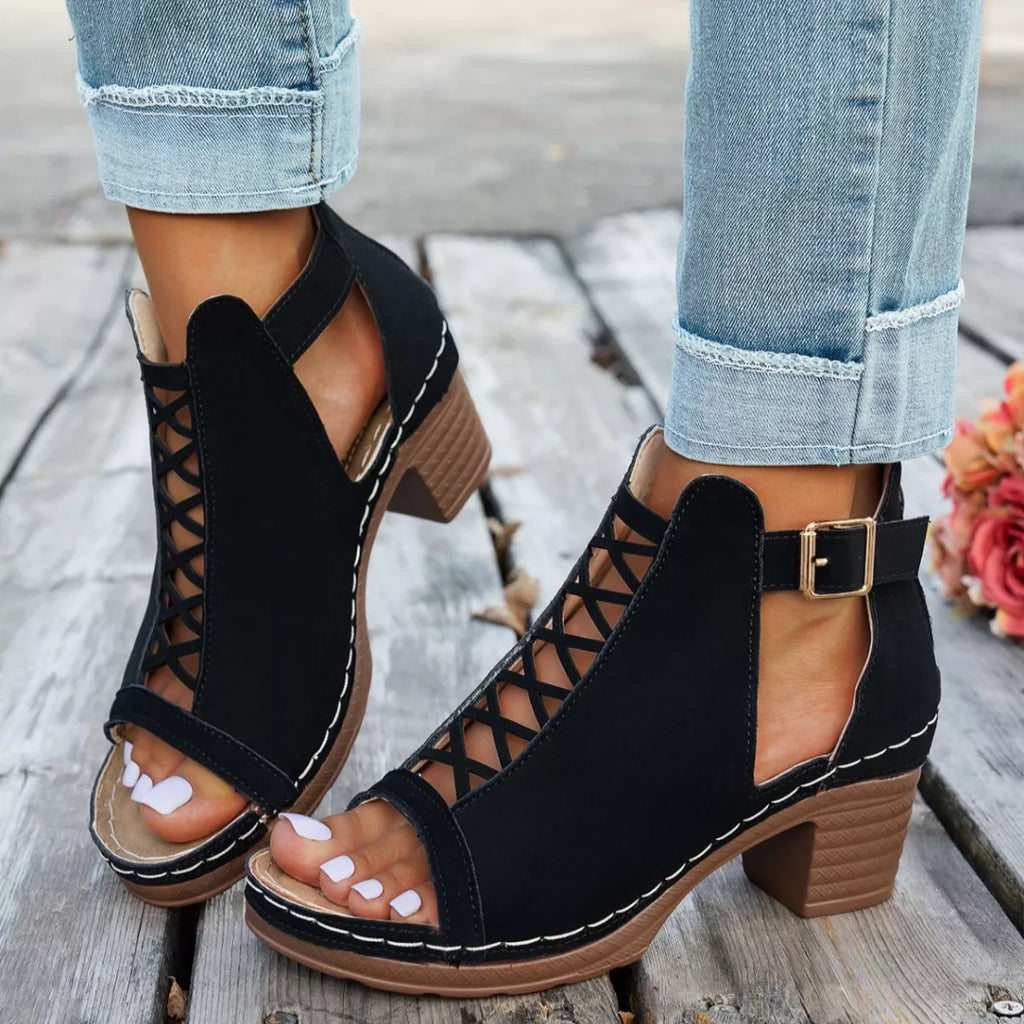 Buckle Block Heels Sandals by Trendsi