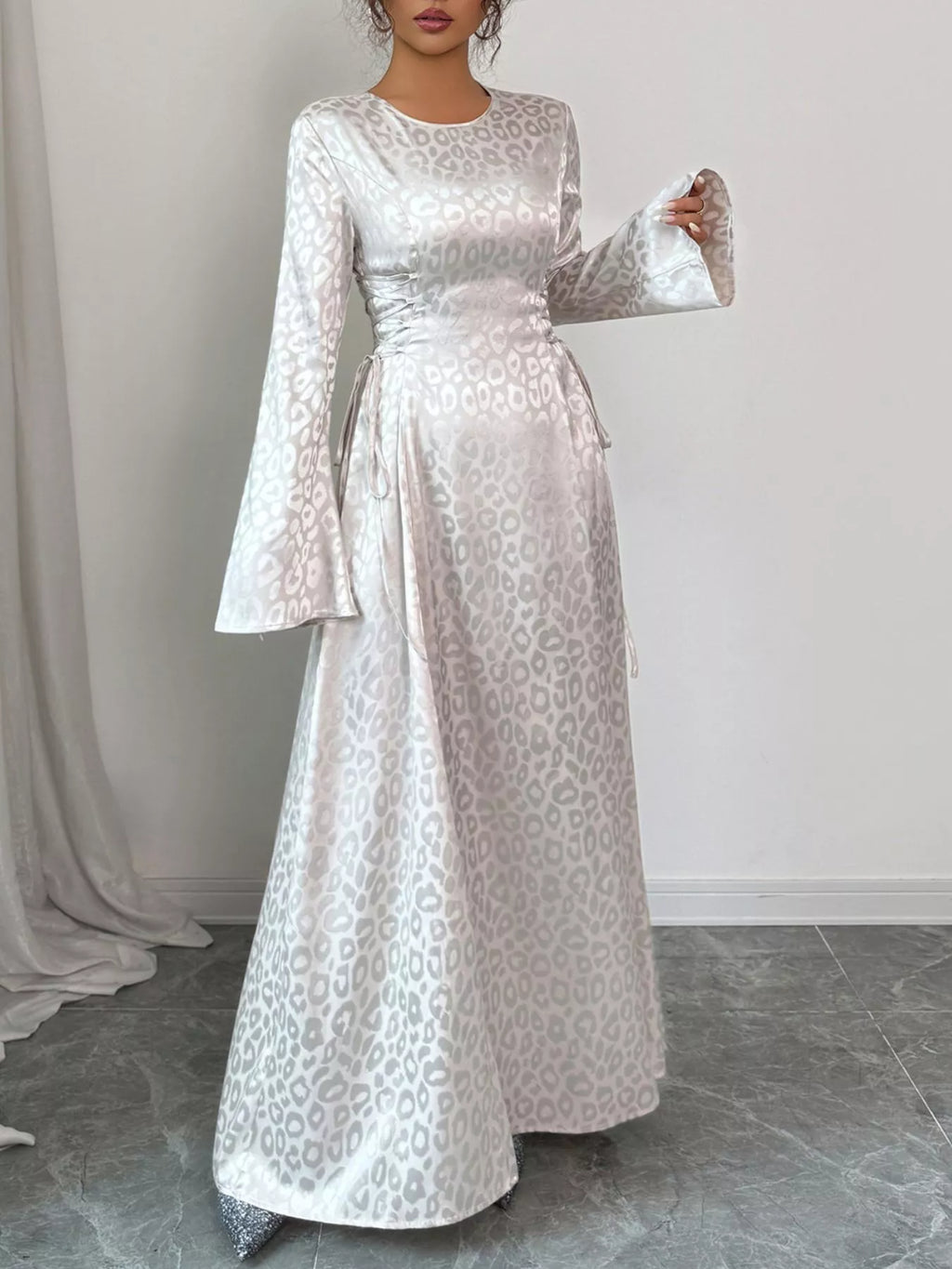 Leopard Lace Up Long Sleeve Maxi Dress by Trendsi