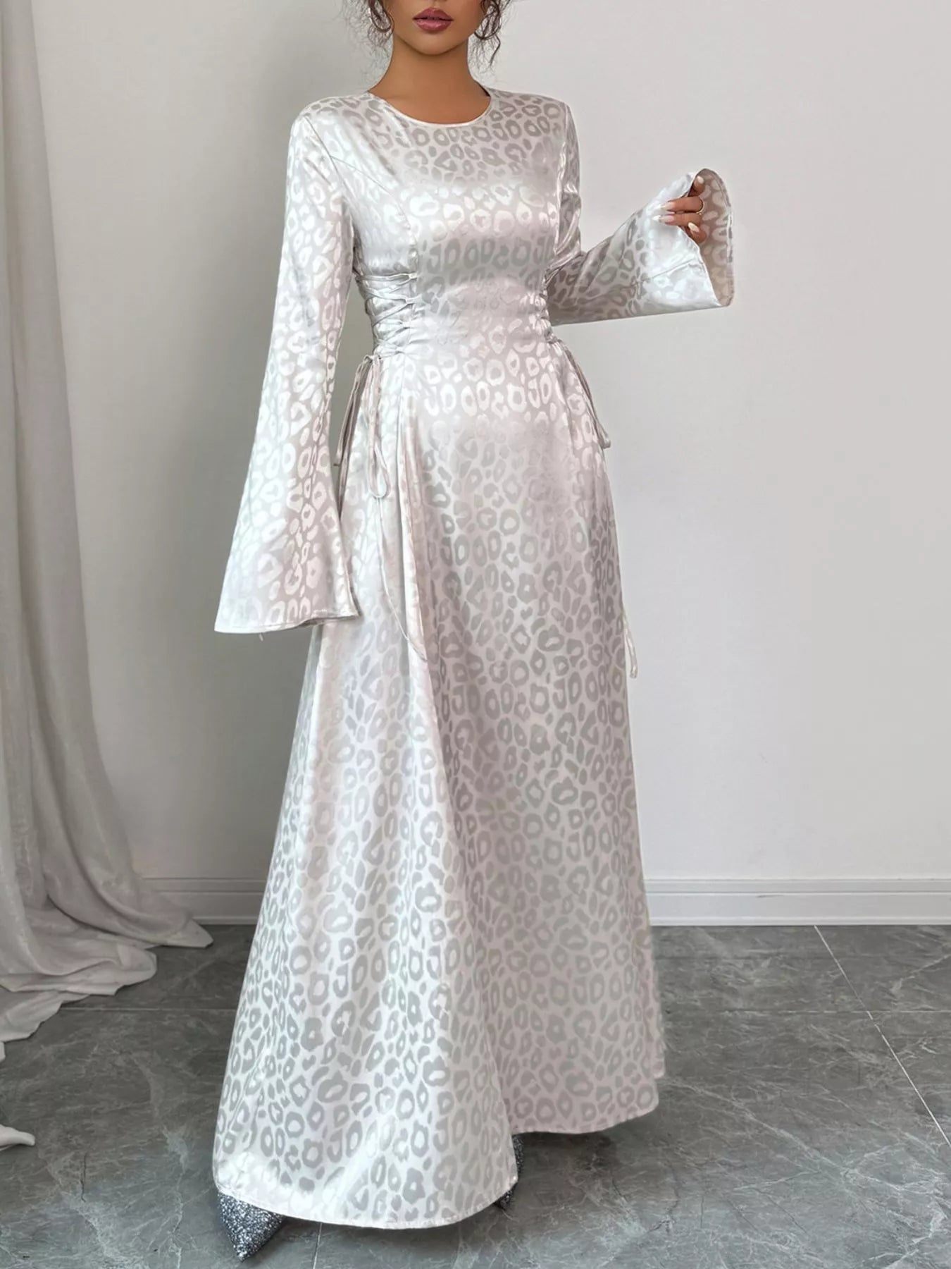 Leopard Lace Up Long Sleeve Maxi Dress by Trendsi