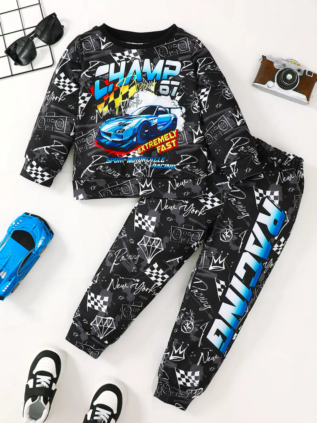 Children's Racing Car Print Long Sleeve Sweatshirt and Pants Set by Trendsi